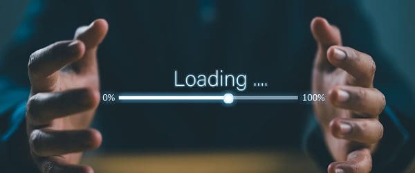 Digital loading bar progress from 0% to 100% between businessman hands for information download data concept.