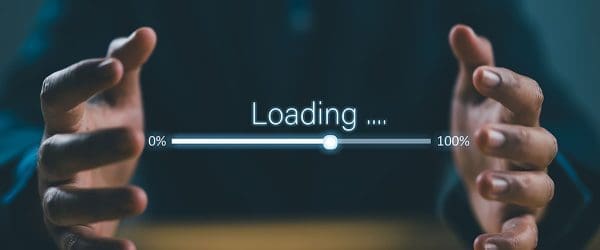 Digital loading bar progress from 0% to 100% between businessman hands for information download data concept.